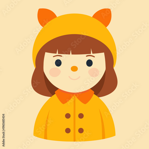 A cute portrait illustration of a young girl wearing a yellow hooded raincoat with cat ears and brown hair on a peach background.