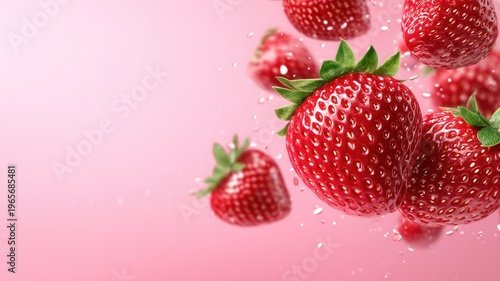 Fresh strawberries flying and floating across a vibrant pink background, showcasing healthy eating and organic produce