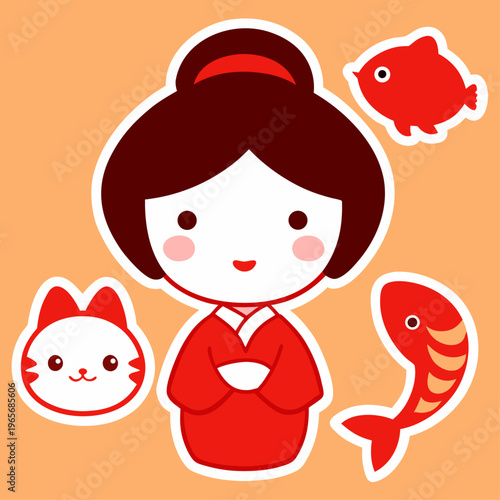 A cute vector illustration of a geisha girl in a red kimono surrounded by stickers of a beckoning cat and two swimming fish.