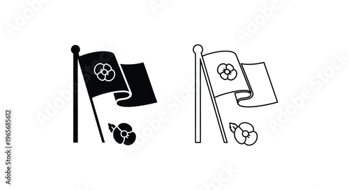 Remembrance Day poppy flag icons, memorial day flower symbols in black and white, waving flag with poppy blossom vector set for commemorative design