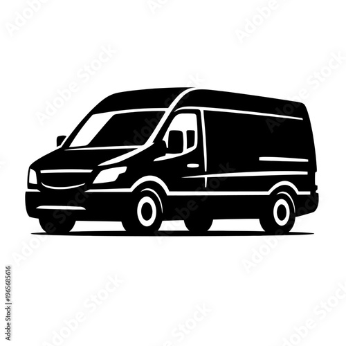 Black silhouette of a delivery van on a white background, side view, for logistic and transportation concepts
