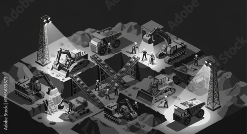 Isometric Illustration of a Mining Operation at Night with Heavy Machinery.