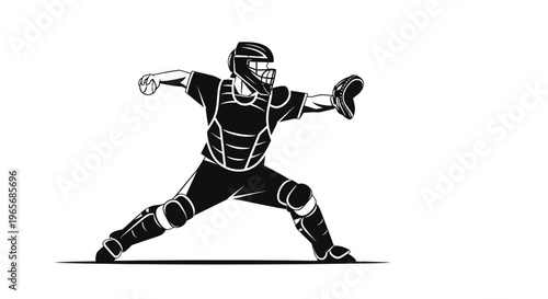 Stylized black and white illustration of a baseball catcher in full protective gear, throwing a ball during a game.