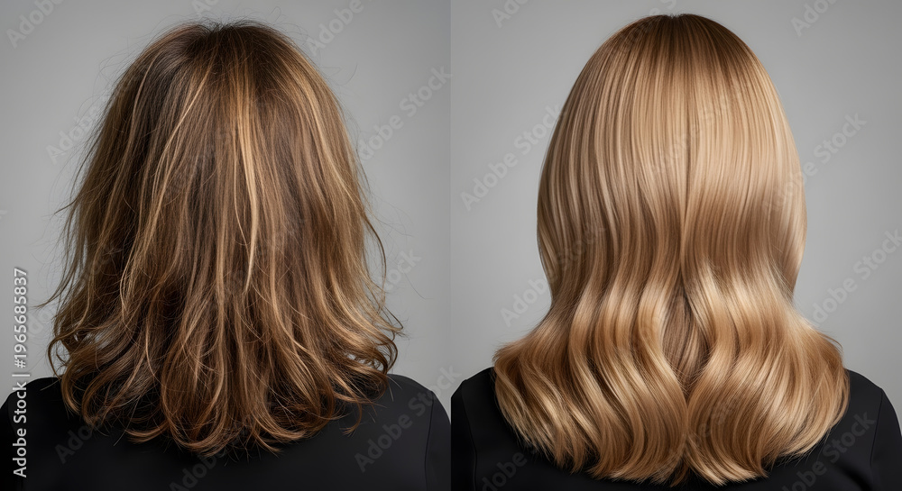 Fototapeta premium Hair Transformation Before and After | Professional Salon Results for Healthy Shiny Wavy Hair | Comparison of Frizzy Messy Hair vs Smooth Polished Blonde Highlights | Hair Care Treatment Effect