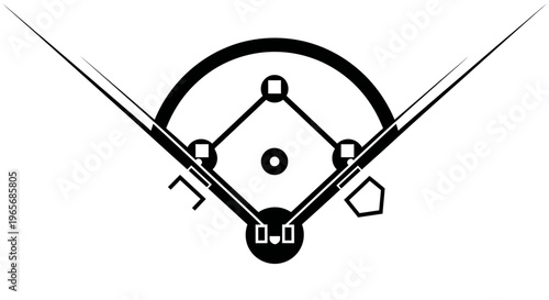 Overhead view of a baseball diamond with bases, pitcher's mound, and home plate, in a minimalist black and white line art style.