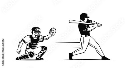 Dynamic monochrome vector illustration capturing a baseball batter in full powerful swing, with the catcher poised behind home plate, ready for the intense game action
