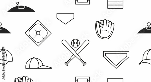 Seamless pattern of black and white line art baseball icons including bats, ball, glove, home plate, and field layout on a clean background.