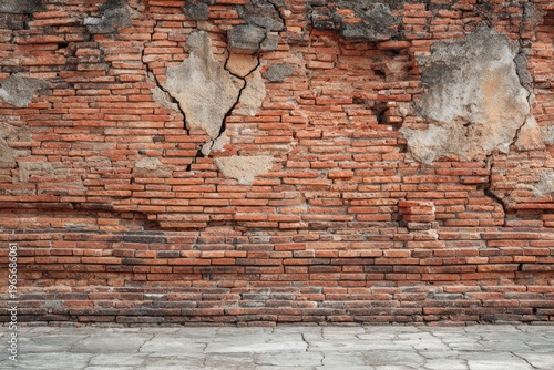 Close-up of weathered red brick wall with cracks and patches. Stone floor in the foreground
