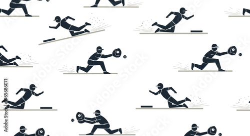 Energetic seamless pattern depicting stylized baseball players in dynamic athletic action, representing the spirited movement and passion of the game