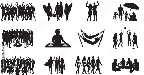 Black silhouette of diverse human activities and animals in various poses and settings black silhouettes