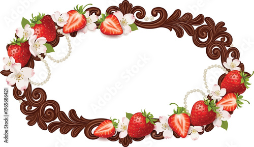 A chocolate frame adorned with strawberries and white flowers on a white background