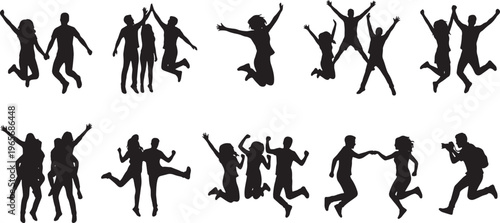 Black silhouette of diverse people in various dynamic poses and activities black silhouettes