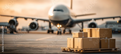 Focus on cardboard boxes stacked on a pallet, aircraft in the background blurred, and the sunset