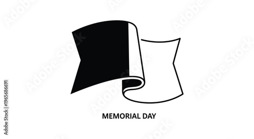Memorial Day waving flag vector icon, minimalist black and white patriotic banner, simple national holiday emblem for remembrance and honor