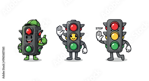 Traffic lights with arms and hands.