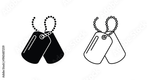 Military dog tags vector icons, black silhouette and thin line army identification tags, soldier identity pendants with bead chains on white background