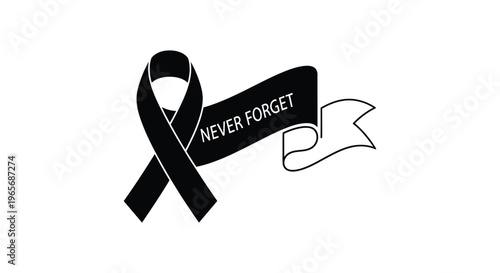 Black mourning ribbon with never forget text, memorial awareness symbol vector, funeral and remembrance ribbon icon on white background