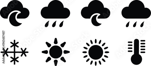 Weather icons set with sun rain cloud snow and temperature symbols flat vector illustration for forecast apps and climate design