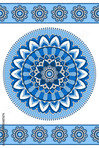 Seamless pattern with mandala and ribbons in blue colors. Vector design.
