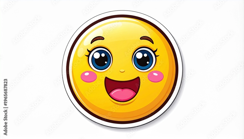 Fototapeta premium Close-up of a happy, smiling, cartoon-like emoji with big blue eyes and rosy cheeks, conveying joy and excitement