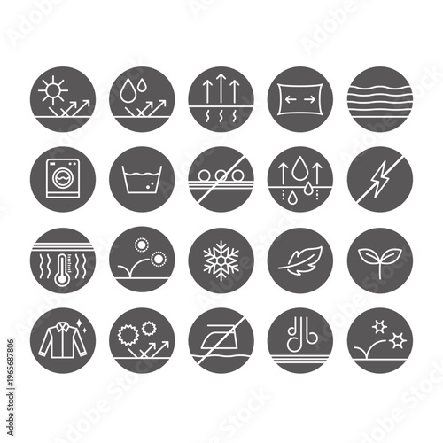 生地・服の機能や特徴のアイコンセット（塗り・反転デザイン・グレーバージョン）