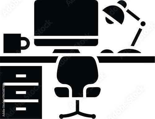 Workspace desk icon with computer chair and office equipment silhouette flat vector illustration for home office setup and workplace design