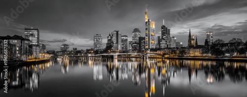 A grayscale panoramic image of a modern city skyline at dusk with lights reflecting in the water