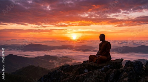 A monk meditates atop a mountain during a vibrant sunrise, surrounded by clouds and rolling hills.