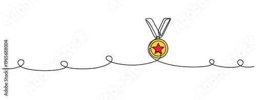 Gold medal hanging on decorative line against white background. no editable strokes