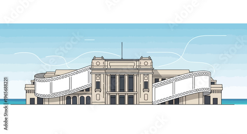 A flat design illustration showcasing the iconic Palais des Festivals et des Congrès, creatively intertwined with a film strip. 