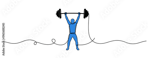 Athlete lifting barbell overhead on white background single line drawing. no editable strokes