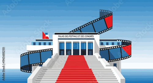 A flat design illustration showcasing the iconic Palais des Festivals et des Congrès, creatively intertwined with a film strip. 