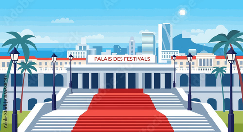 A vibrant flat design illustration capturing the famous steps of the Palais des Festivals with the scenic Cannes cityscape and the Mediterranean Sea in the background. 