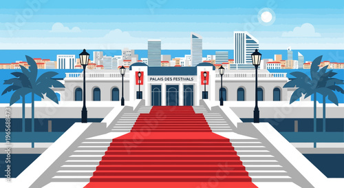 A vibrant flat design illustration capturing the famous steps of the Palais des Festivals with the scenic Cannes cityscape and the Mediterranean Sea in the background. 