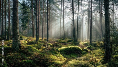 Lush forest scene. Sunlight streams, trees rise, ground mosses. Atmospheric woodland