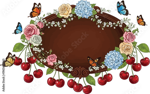 A colorful illustration of a chocolate cake with flowers, cherries, and butterflies on a white background