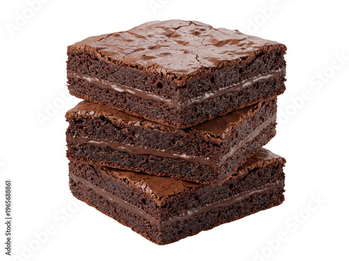 Decadent chocolate brownies stack, rich fudge chocolate cake squares with moist texture, delicious homemade cocoa dessert bars for bakery menu isolated PNG with Transparent Background