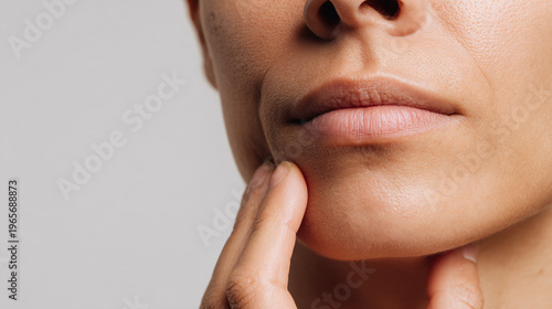 Closeup of a womans face, touching her chin, showing fine lines and skin texture Concept of aging, skincare, and selfcare