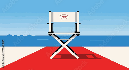 A serene flat design illustration featuring a director's chair with a Cannes logo on a simplified red carpet, overlooking the Mediterranean Sea.