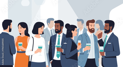 A flat design illustration depicting a group of diverse, stylized professionals networking at a film industry event. 