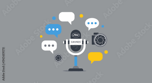 A flat design illustration featuring a stylized microphone stand with a Cannes logo, symbolizing a press conference or media event. 