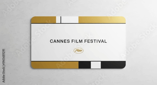 An elegant flat design illustration of a golden ticket or invitation card for the Cannes Film Festival, featuring a Palm d'Or icon. 