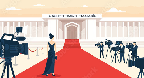 A flat design illustration depicting elegant figures walking the legendary red carpet towards the Palais des Festivals. 