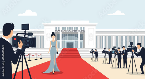 A flat design illustration depicting elegant figures walking the legendary red carpet towards the Palais des Festivals. 