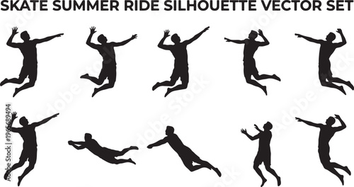 Black silhouette set of summer skateboarding activities and tricks