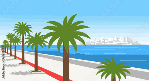 A serene flat design illustration capturing the famous Croisette promenade in Cannes, featuring palm trees, the Mediterranean Sea, and a hint of the city.