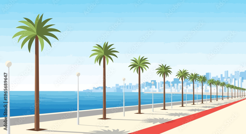 Obraz premium A serene flat design illustration capturing the famous Croisette promenade in Cannes, featuring palm trees, the Mediterranean Sea, and a hint of the city.