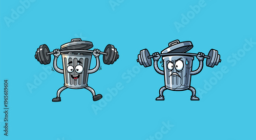 Cartoon trash cans lifting dumbbells strong.