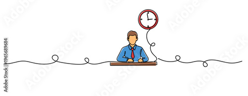 Businessman sitting at desk under clock balloon minimal line illustration. no editable strokes