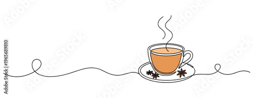 Tea cup steaming on saucer with star anise accents. no editable strokes